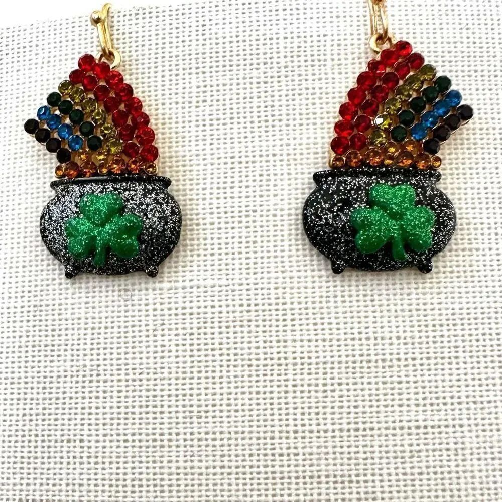 st. patrick's day pot of gold in rhinestone earrings